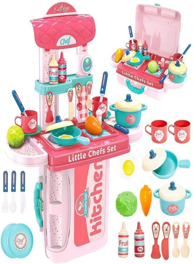 Coracy 3 in 1 Portable Pretend Food Party Role Cooking Kitchen Play Set Plastic Toy for Boys and Girls - Pink - Image 1